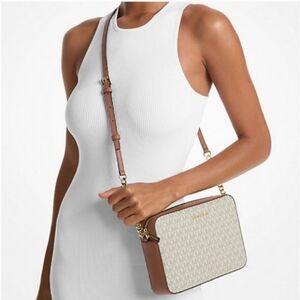 Michael Kors Jet Set Cream and Tan Crossbody Bag with Monogram Print NWT
